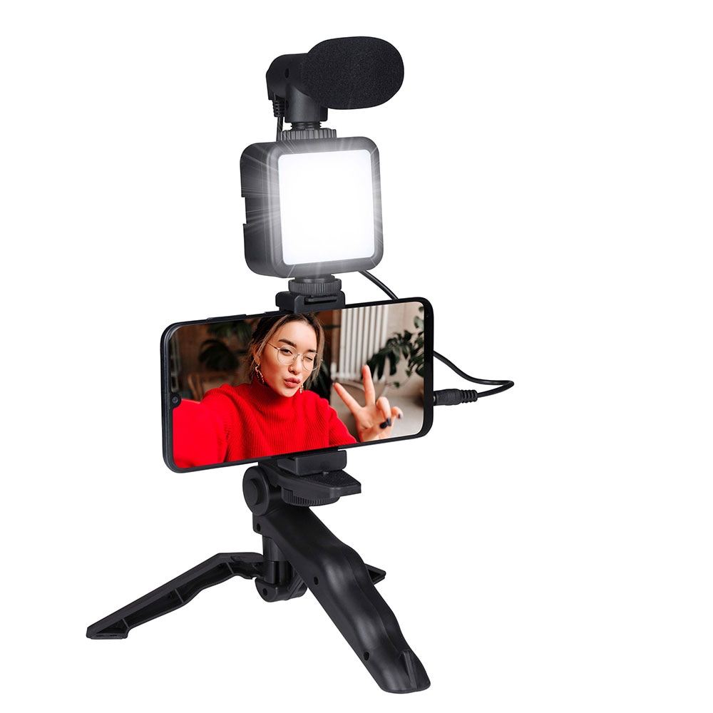 Grundig Vloggkit med Mikrofon, LED och Stativ