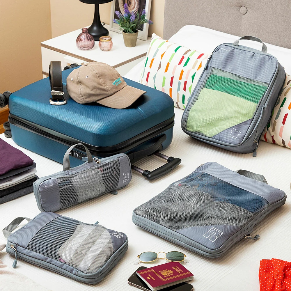 Packpåsar för resväskan 4 delar med dubbel dragkedja och visningsnät