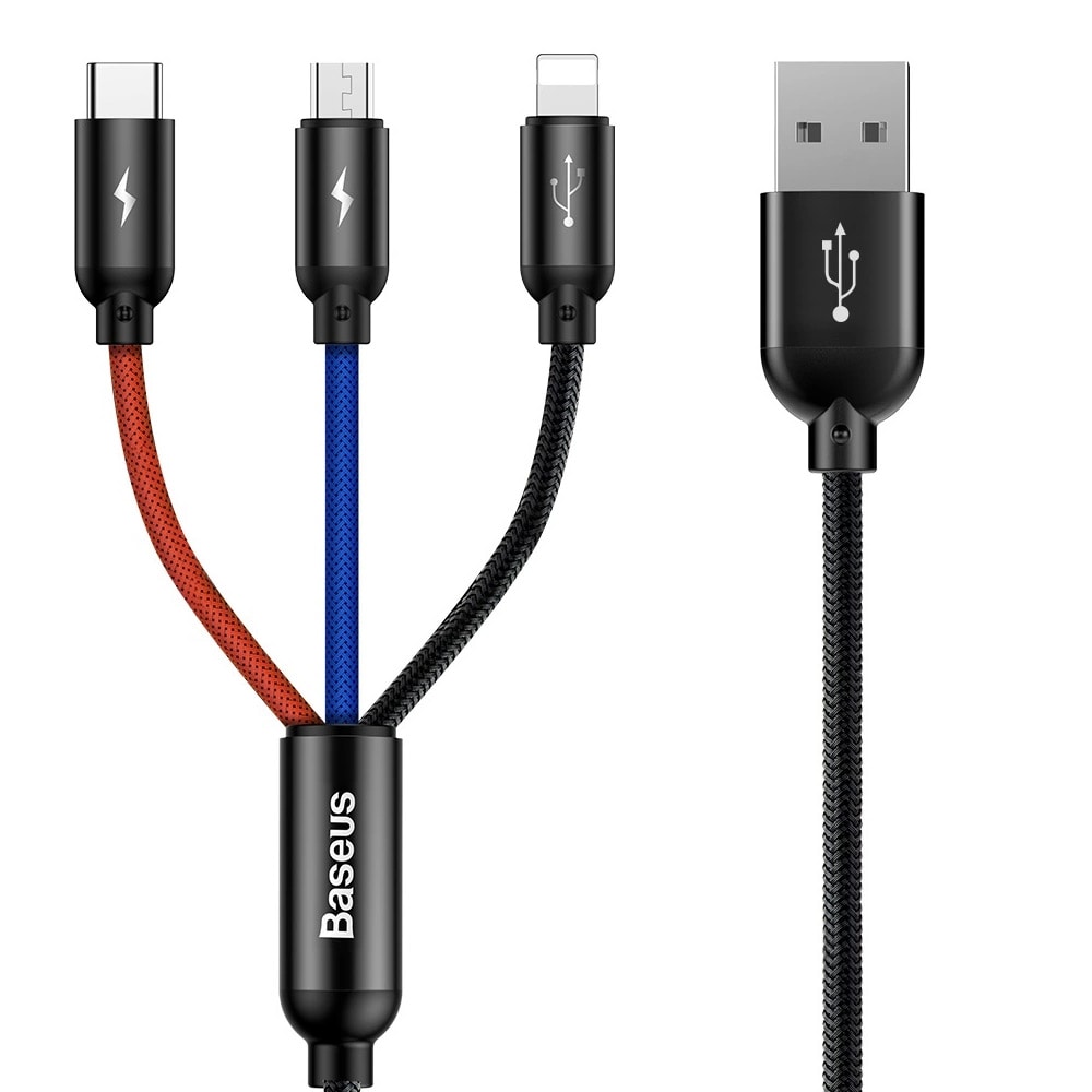 3i1 USB-kabel USB till microUSB / Lightning / USB-C 3,5A 30cm