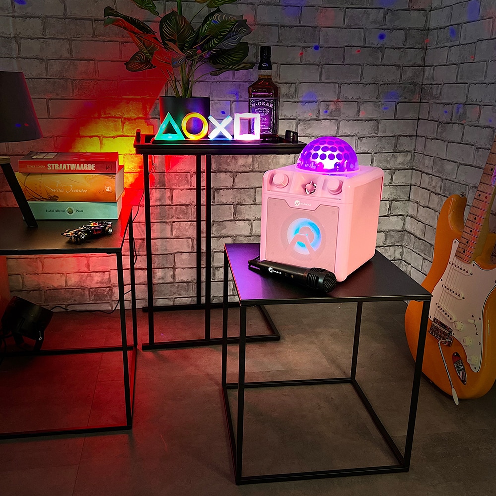 N-Gear Disco Block 410 portabel karaokehögtalare med Bluetooth och inbyggd discolampa - Rosa