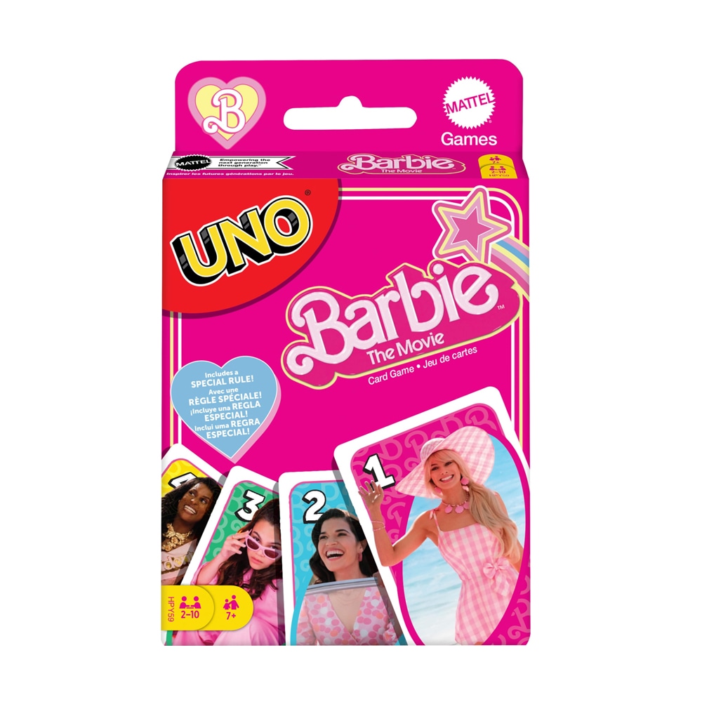 Uno med Barbie the Movie-inspirerade motiv