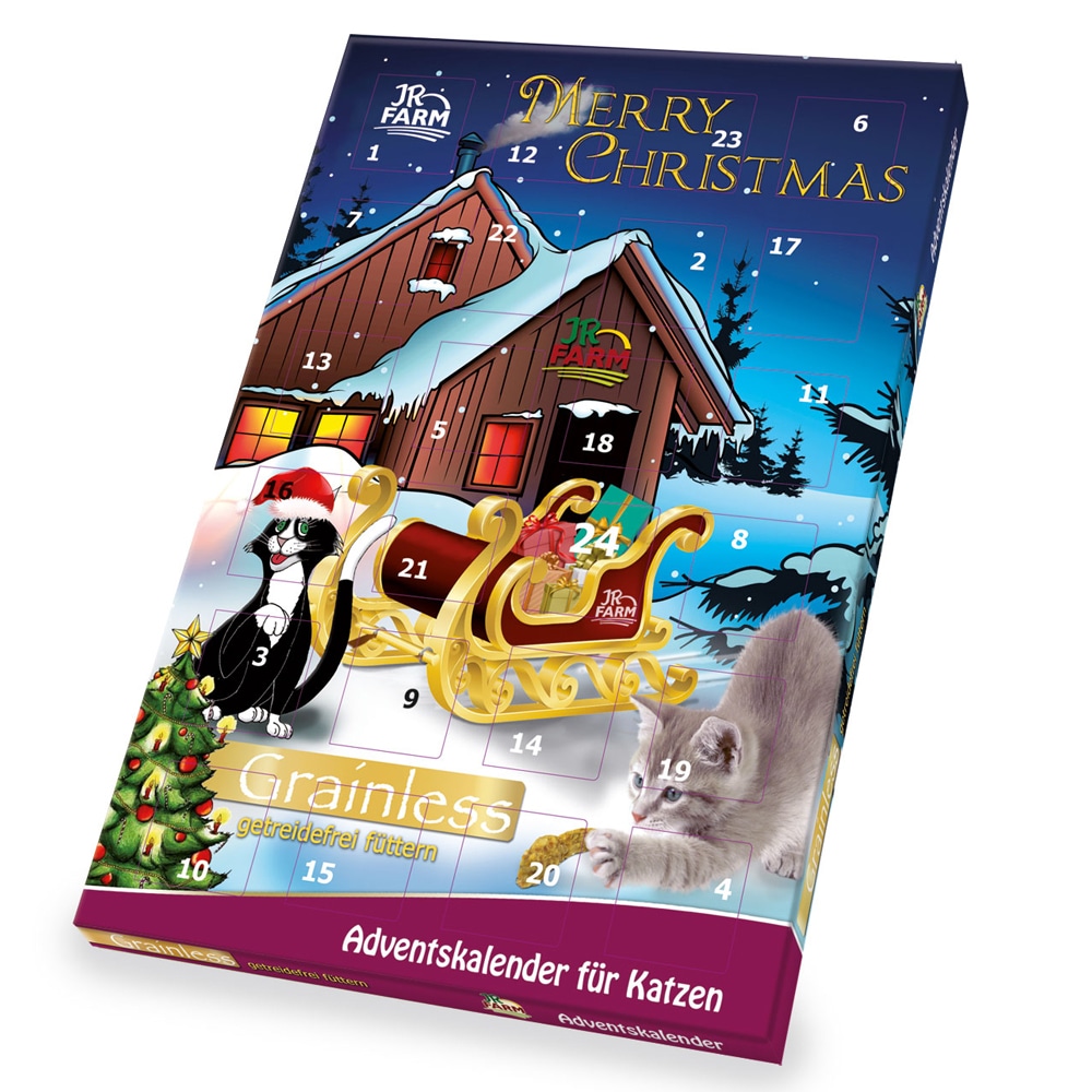 Adventskalender för katter med spannmålsfria godbitar och leksaker