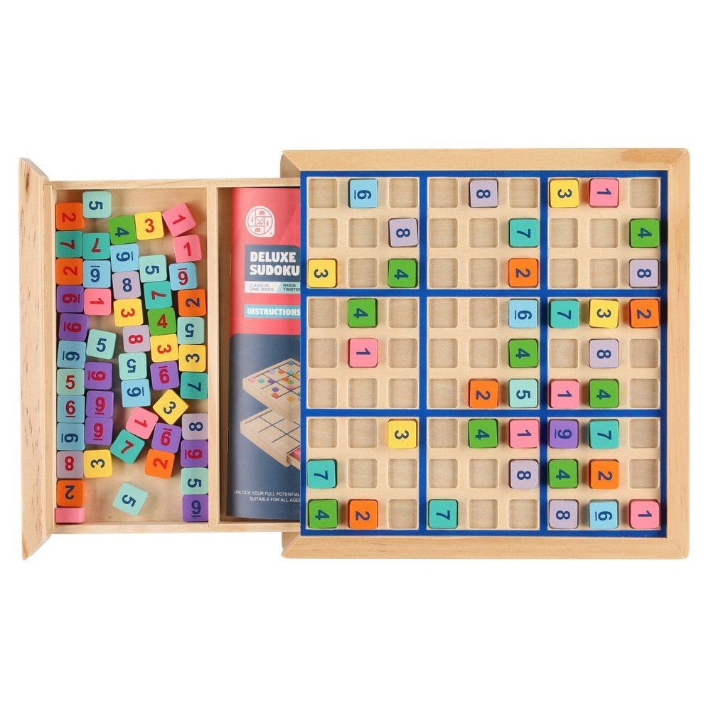 Sudoku i trä med 90 nummerbrickor och spelbok