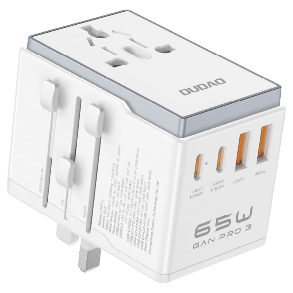 Dudao Reseadapter 65W EU / US / JP / AUS / UK med 2x USB-C 2x USB-A - Vit