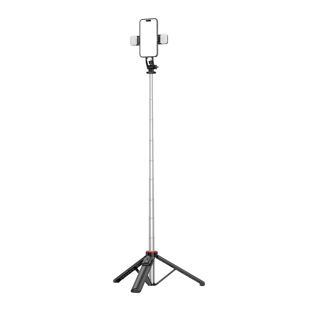 Selfie-stick med tripod, LED-lampor och teleskophandtag, 1,3m - svart