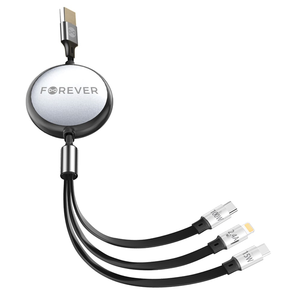 Forever 3i1 USB-Kabel, USB till Lightning + 2xUSB-C 1,2 m 100W - Svart