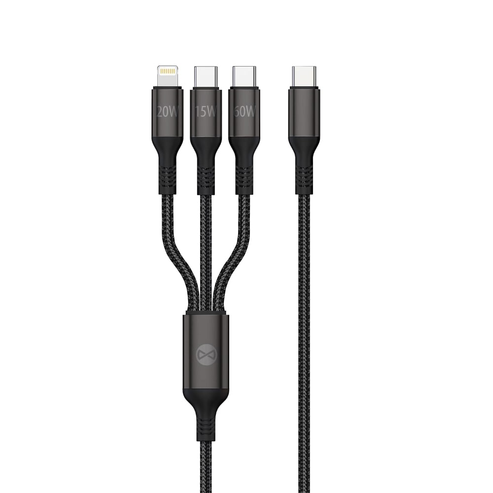 Forever 3i1 USB-Kabel, USB-C till Lightning + 2x USB-C 1,2 m 60W - Svart