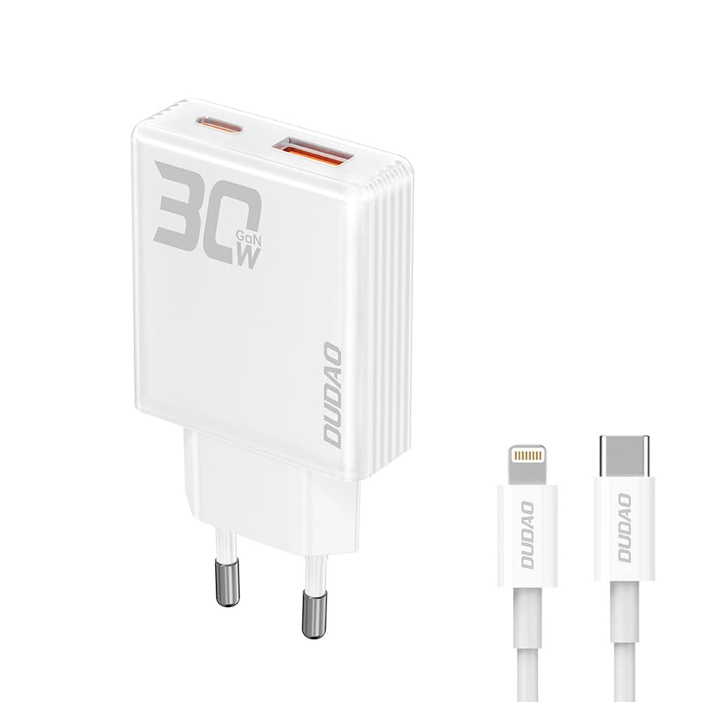 Dudao GaN USB-Laddare 30W med 1xUSB, 1xUSB-C och USB-C till Lightningkabel - Vit